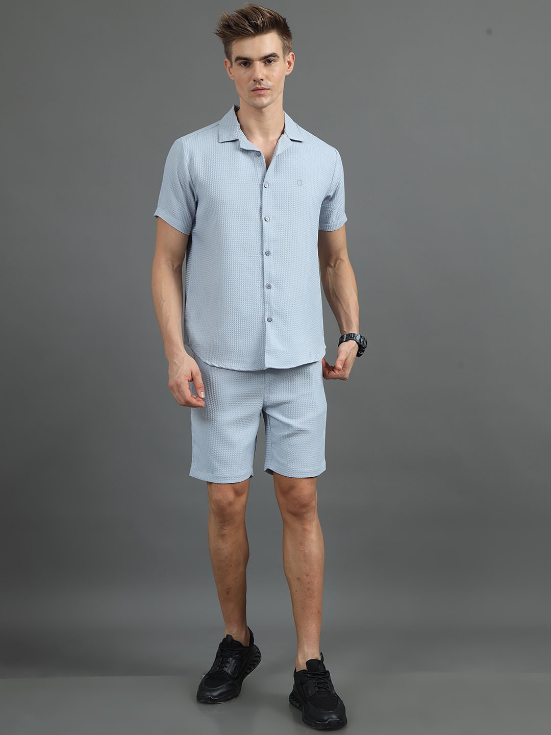 

Bushirt Woven Design Short Sleeves Shirt With Shorts, Grey
