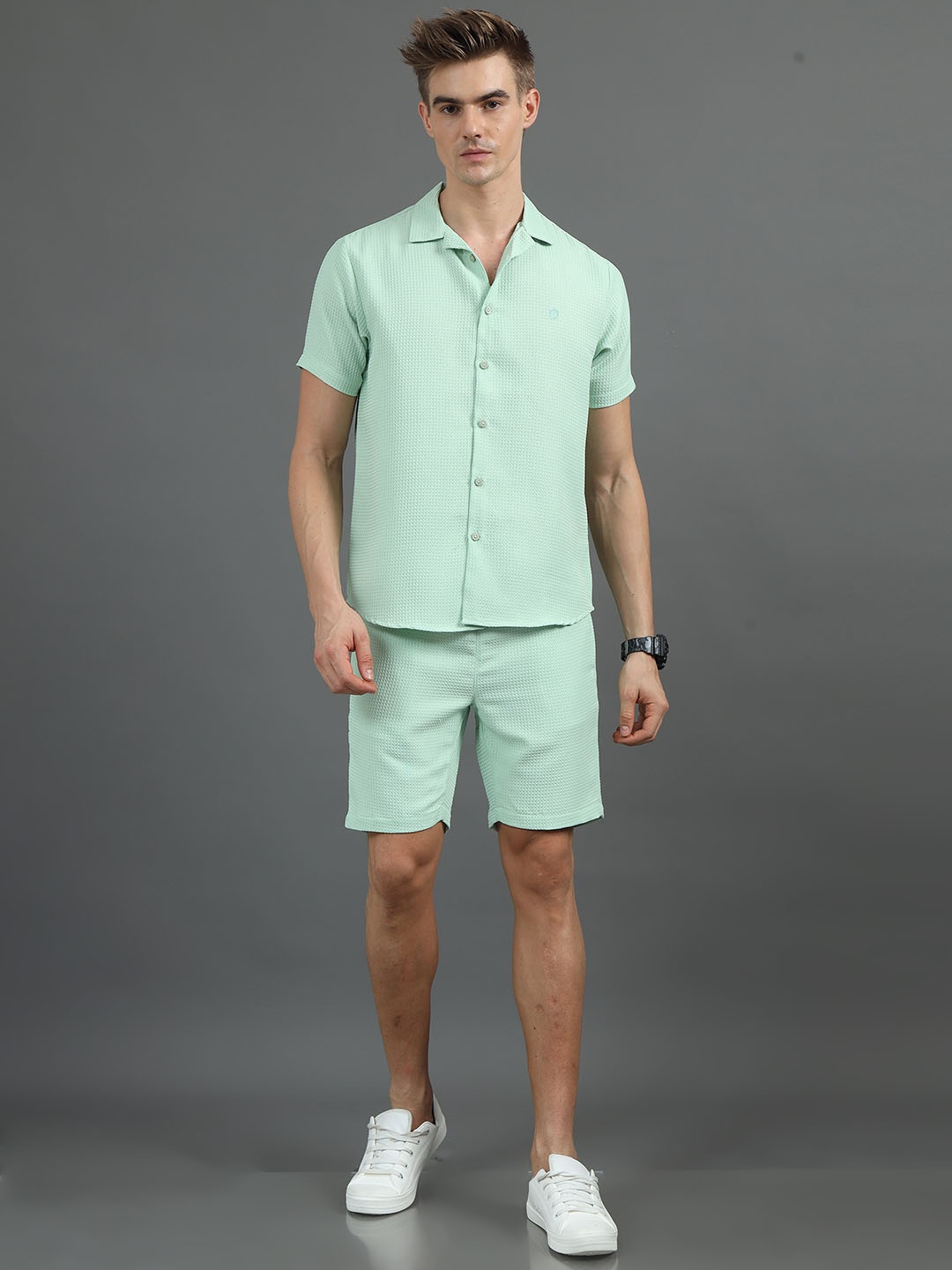 

Bushirt Woven Design Short Sleeves Shirt With Shorts, Sea green