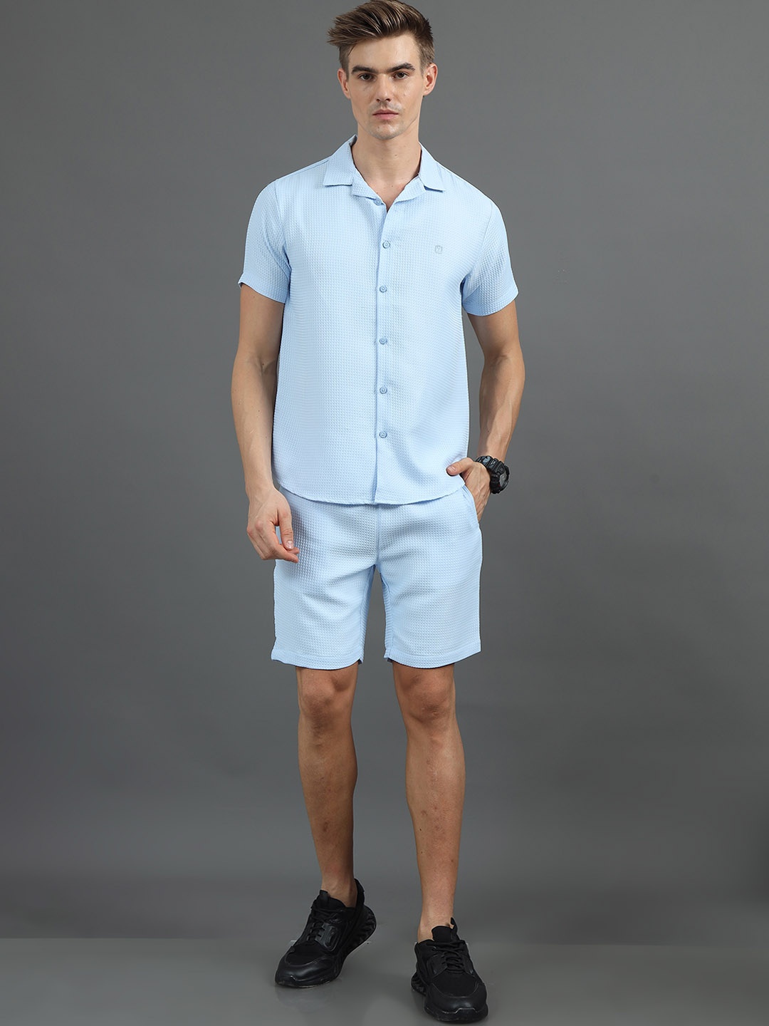 

Bushirt Woven Design Short Slevees Shirt With Shorts, Blue