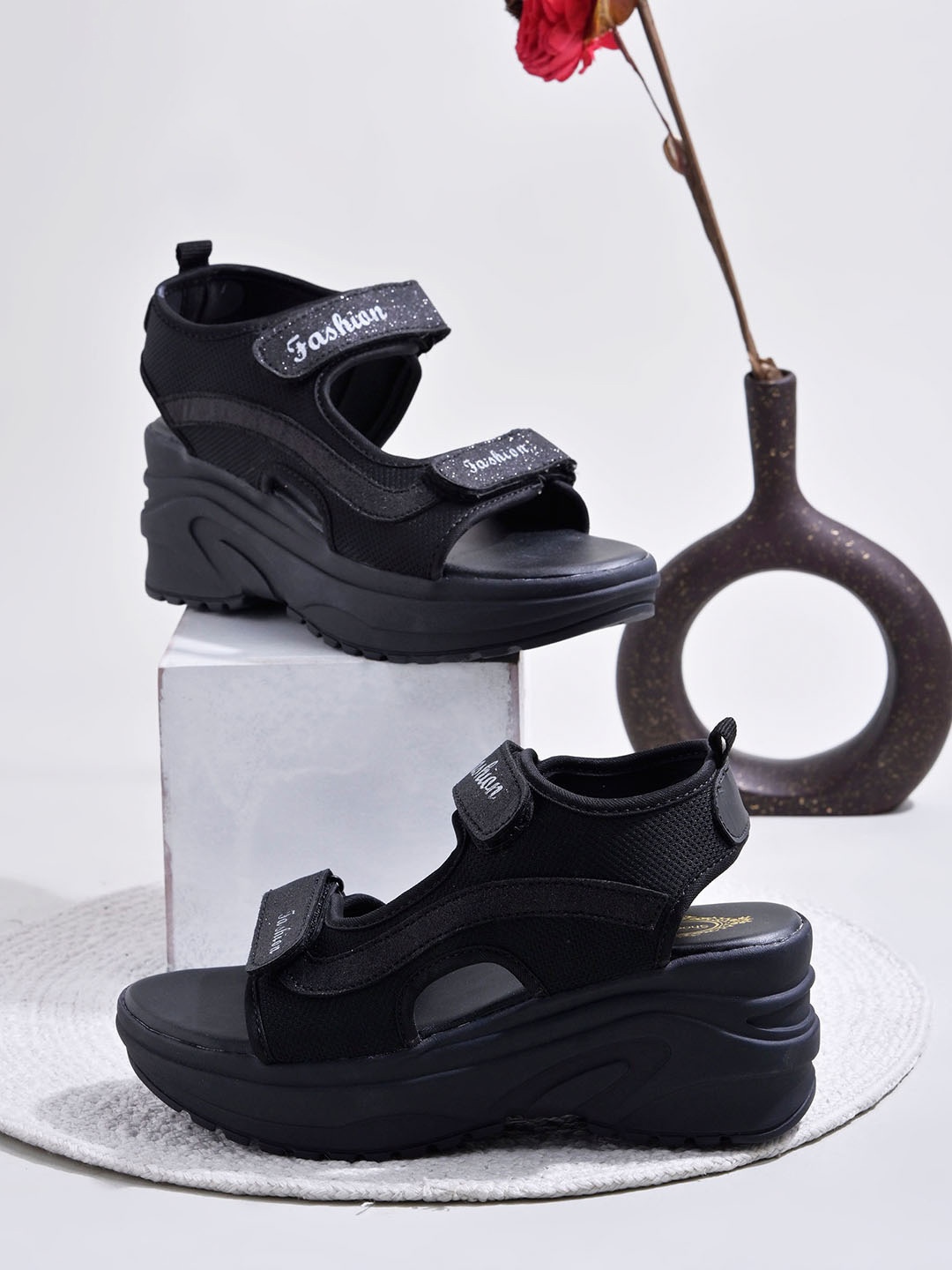 

Shoetopia Girls Open Toe Wedge Heels, Black