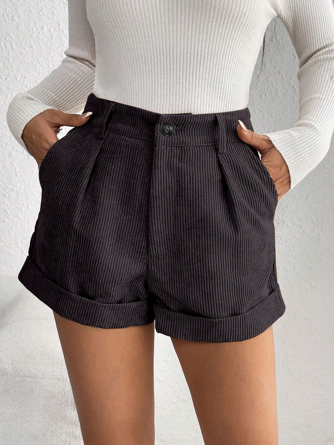 

RAJOVATI Women Slim Fit Corduroy Regular Shorts, Black