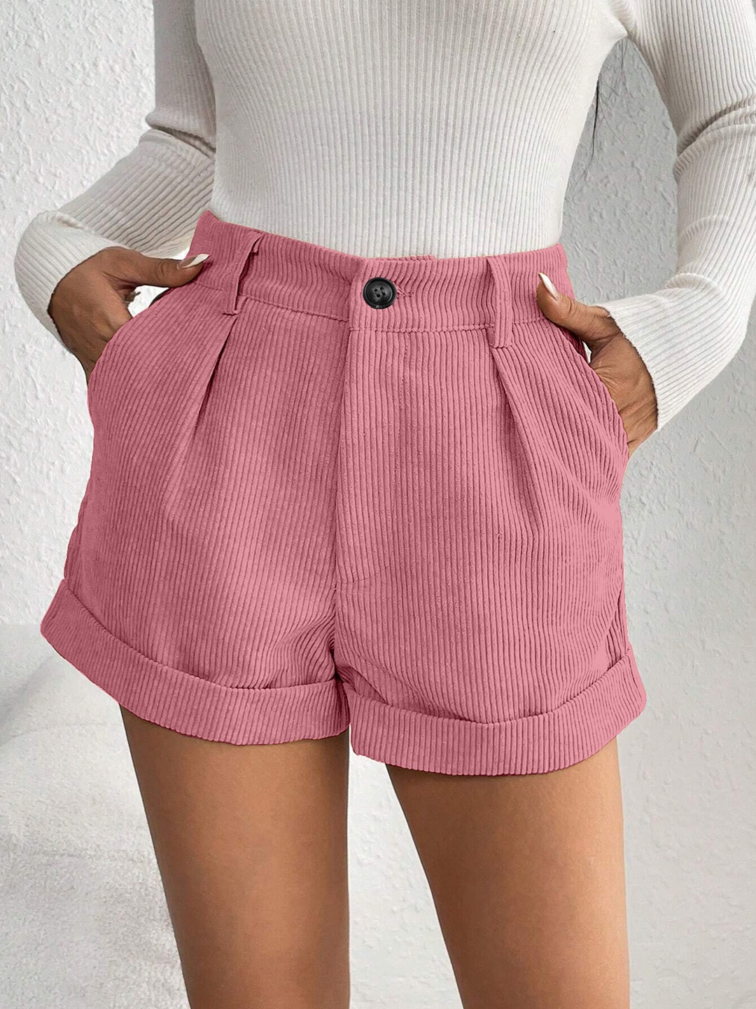 

RAJOVATI Women Self Design Slim Fit Mid-Rise Regular Shorts, Pink
