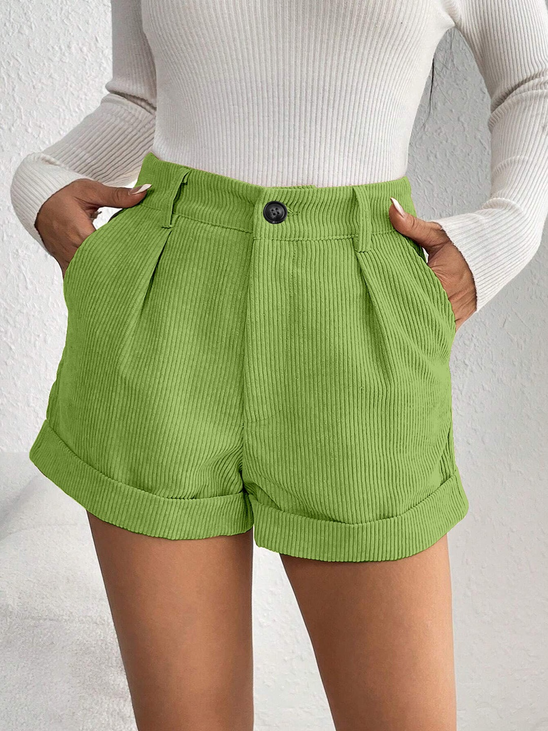 

RAJOVATI Women Slim Fit Corduroy Regular Shorts, Lime green