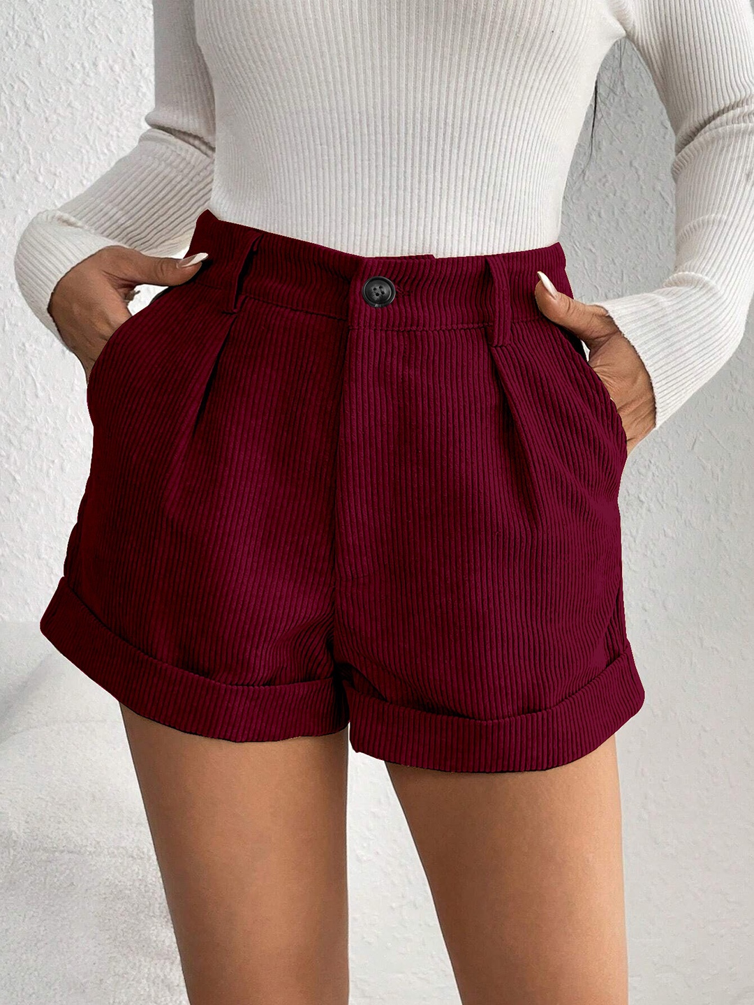 

RAJOVATI Women Slim Fit Corduroy Regular Shorts, Maroon