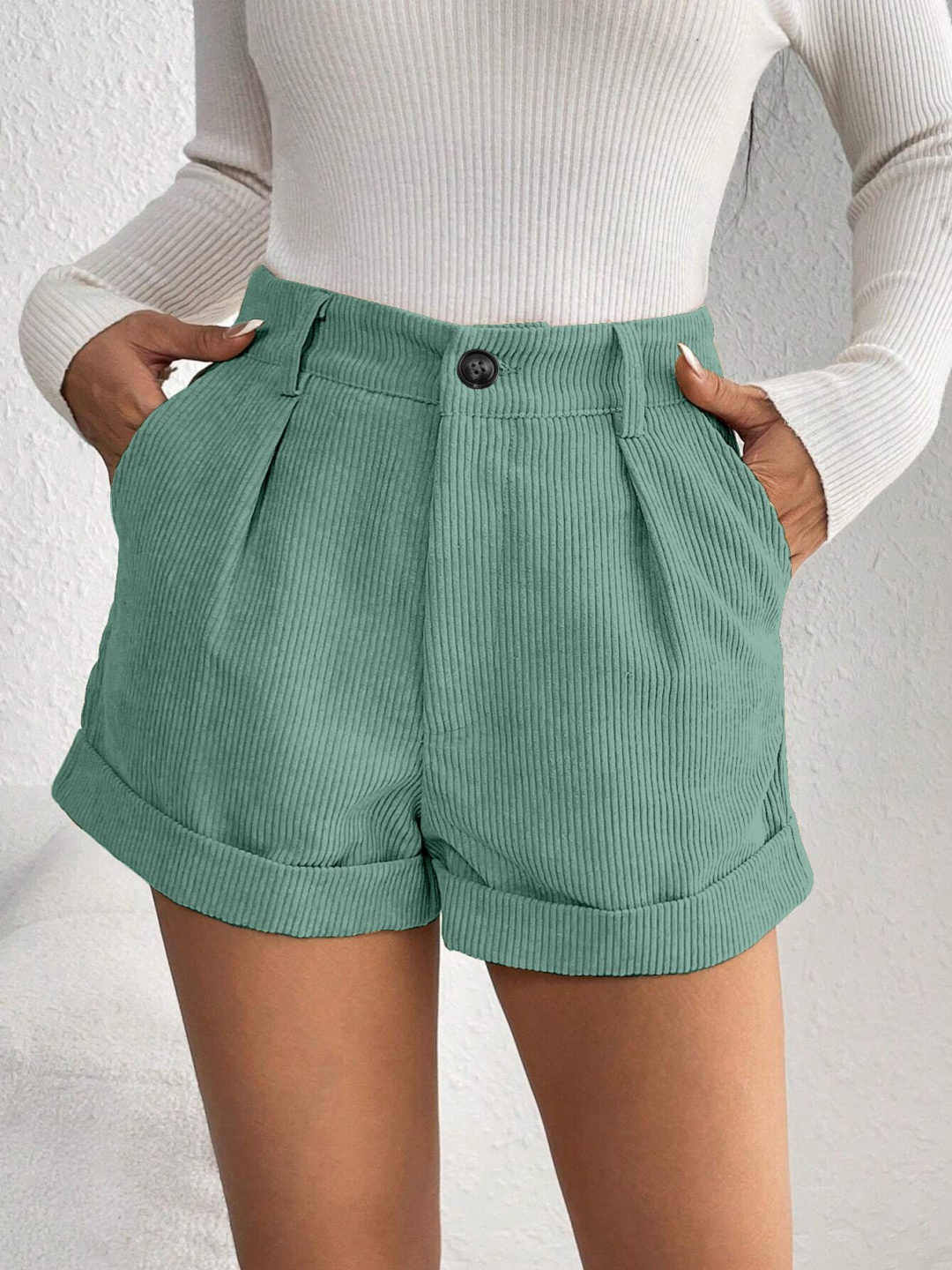 

RAJOVATI Women Self Design Slim Fit Mid-Rise Regular Shorts, Teal