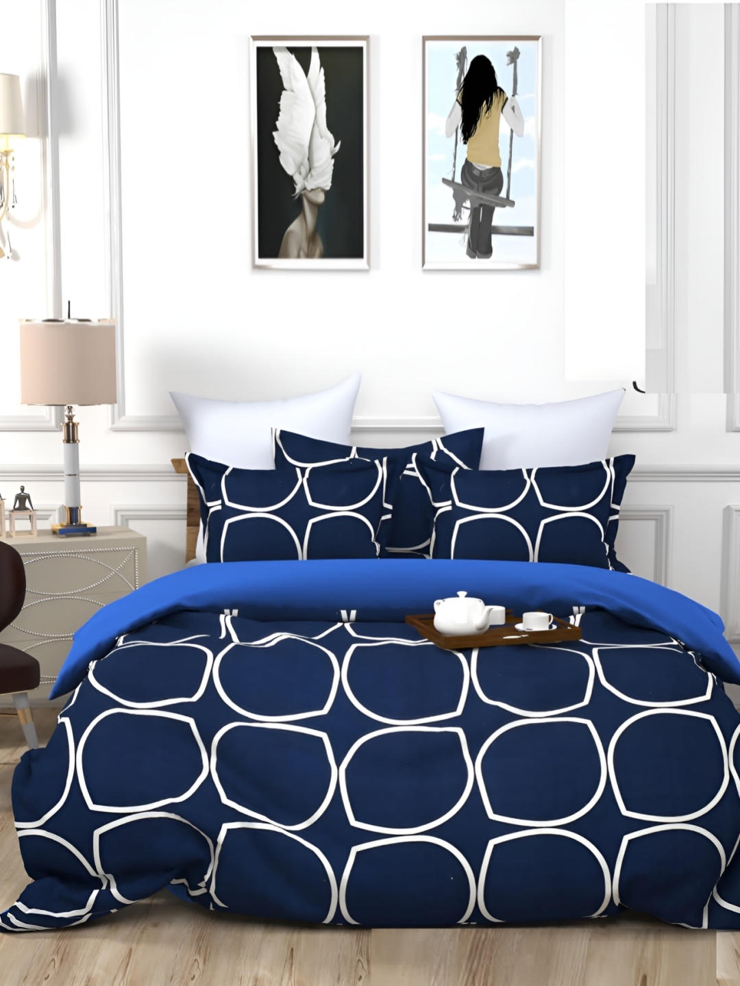 

Supreme Home Collective Blue & White 200 TC Queen Fitted Bedsheet with 2 Pillow Covers