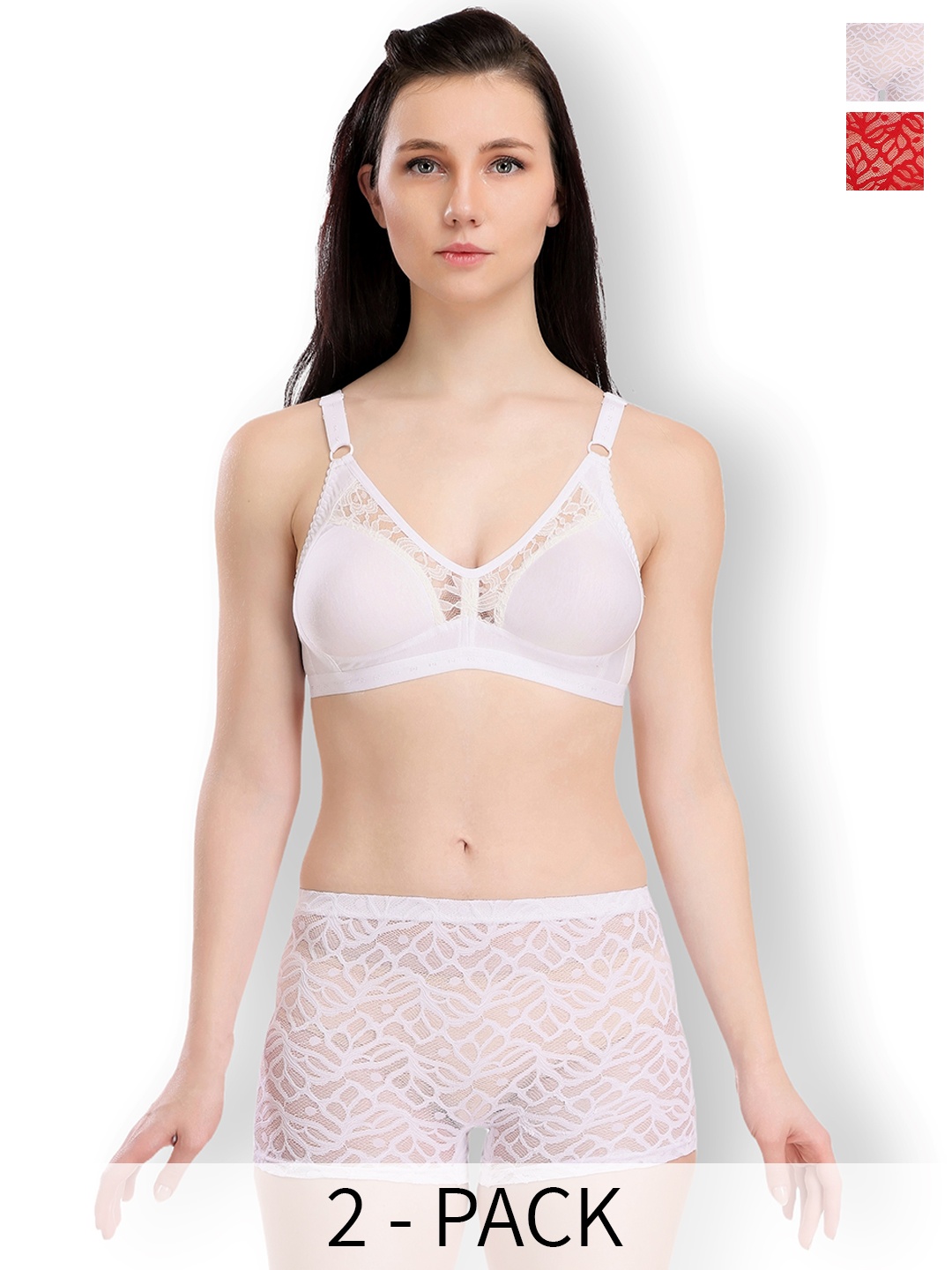 

Selfcare Pack of 2 Cotton Net Non Padded Bra And Boyshort Panty Lingerie Sets - SN2592, White