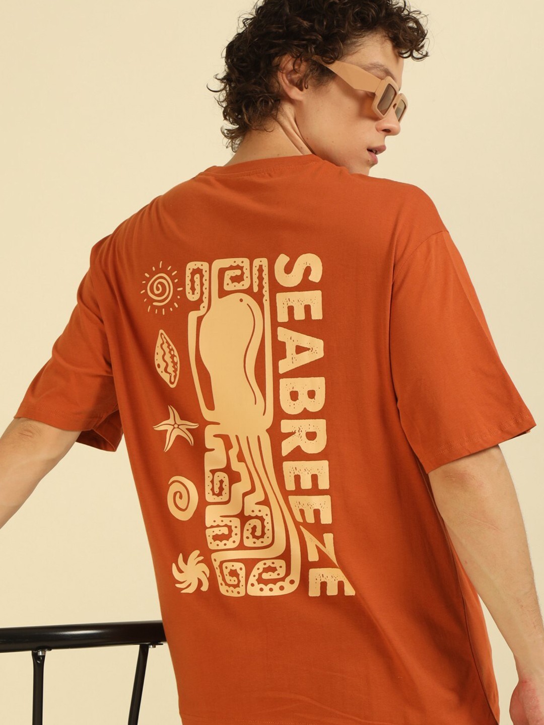 

recast Typography Printed Drop-Shoulder Sleeves Bio Finish Pure Cotton Oversized T-shirt, Rust
