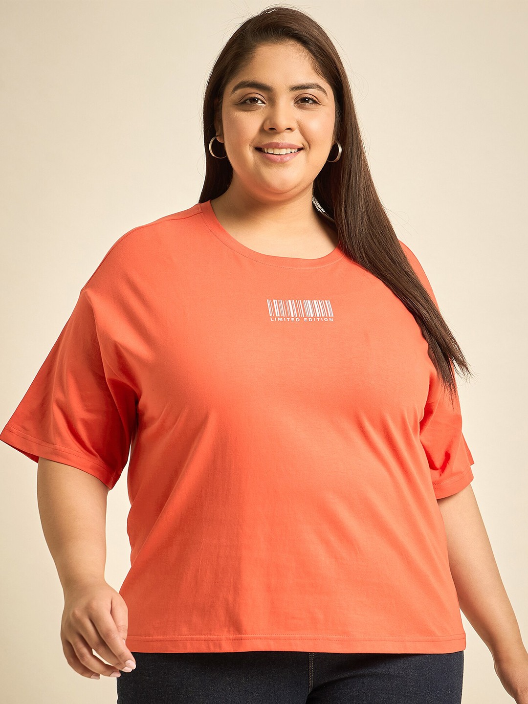 

Sztori Plus Size Round Neck Drop-Shoulder Sleeves Cotton T-shirt, Orange