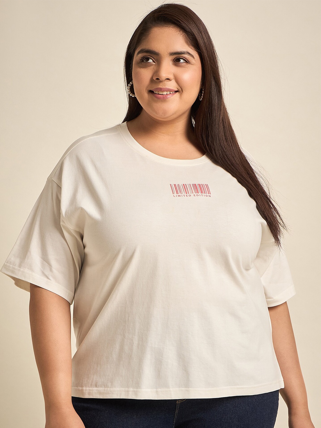 Sztori Plus Size Round Neck Drop-Shoulder Sleeves Cotton T-shirt, White