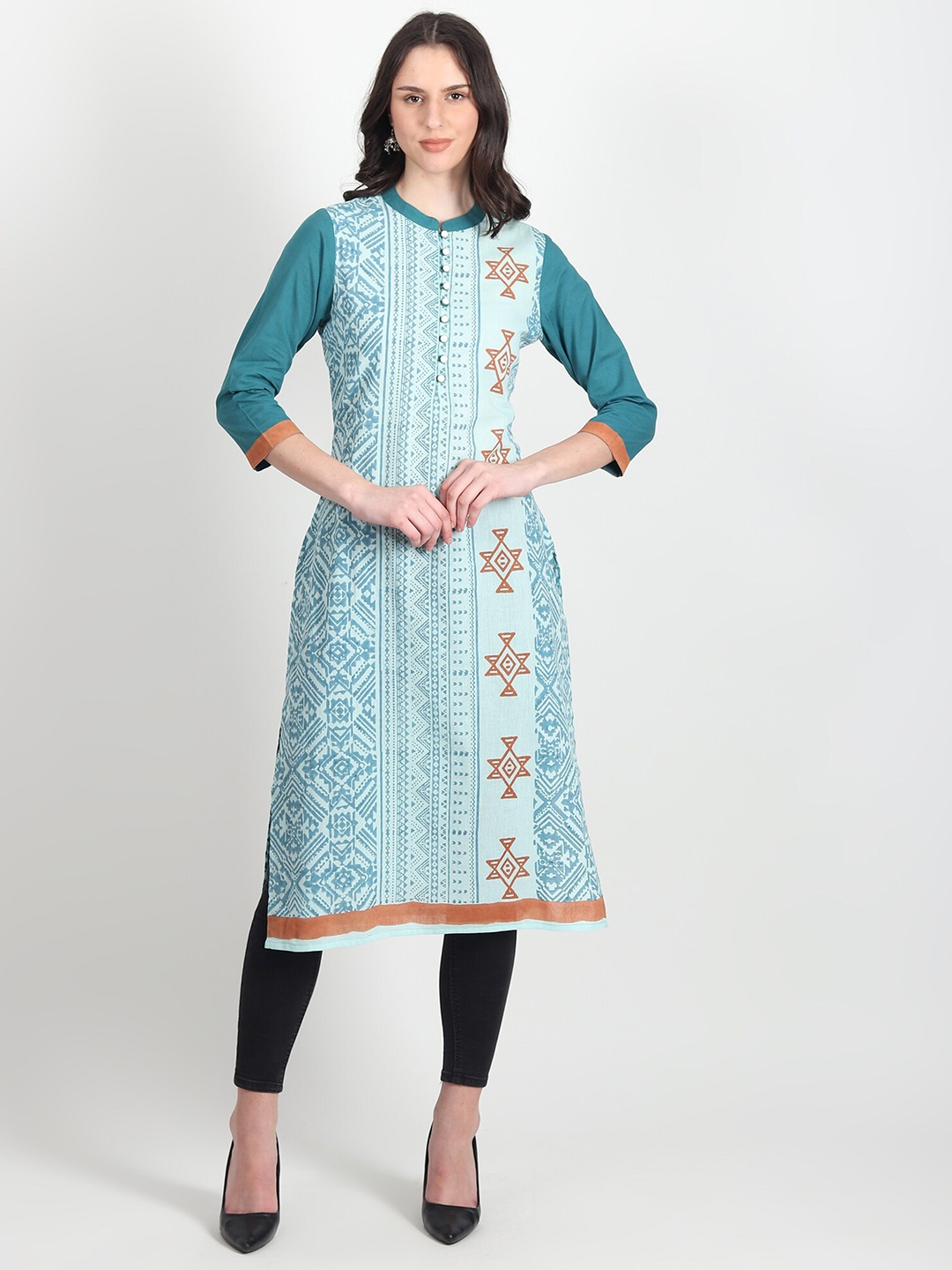 

Art Avenue Ethnic Motifs Block Printed Band Collar Cotton Straight Kurta, Blue