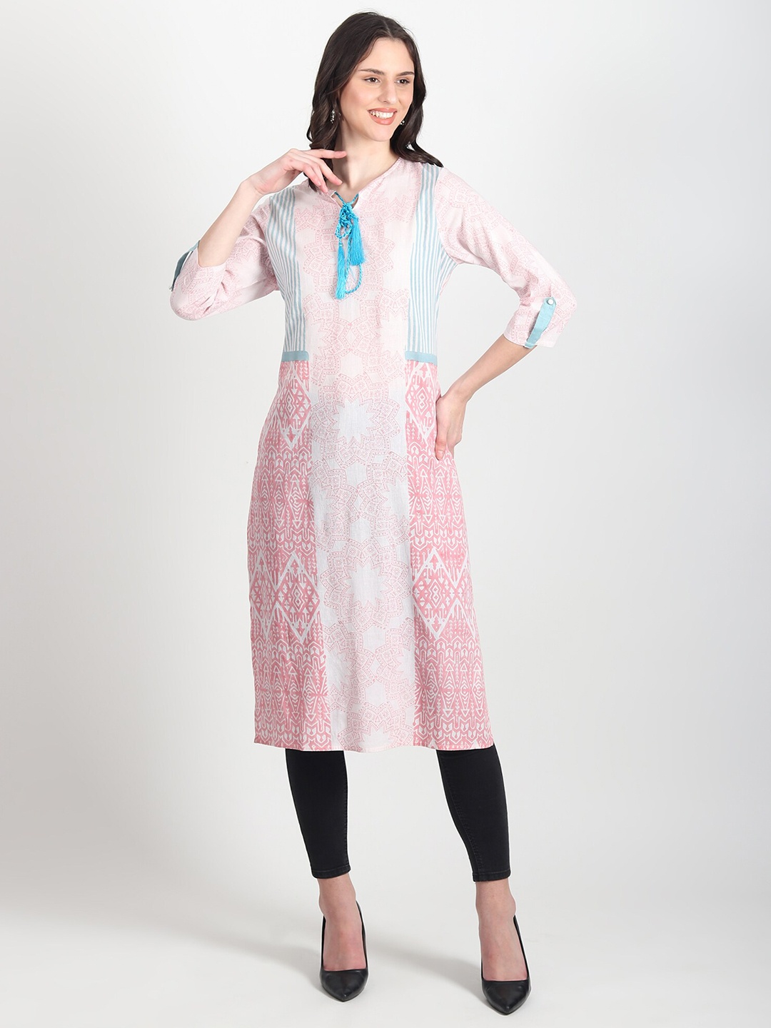 

Art Avenue Ethnic Motifs Block Printed Tie-Up Neck Cotton Straight Kurta, Pink