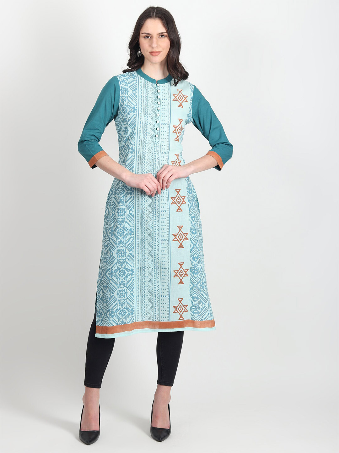 

Art Avenue Ethnic Motifs Printed Mandarin Collar Pure Cotton Straight Kurta, Blue