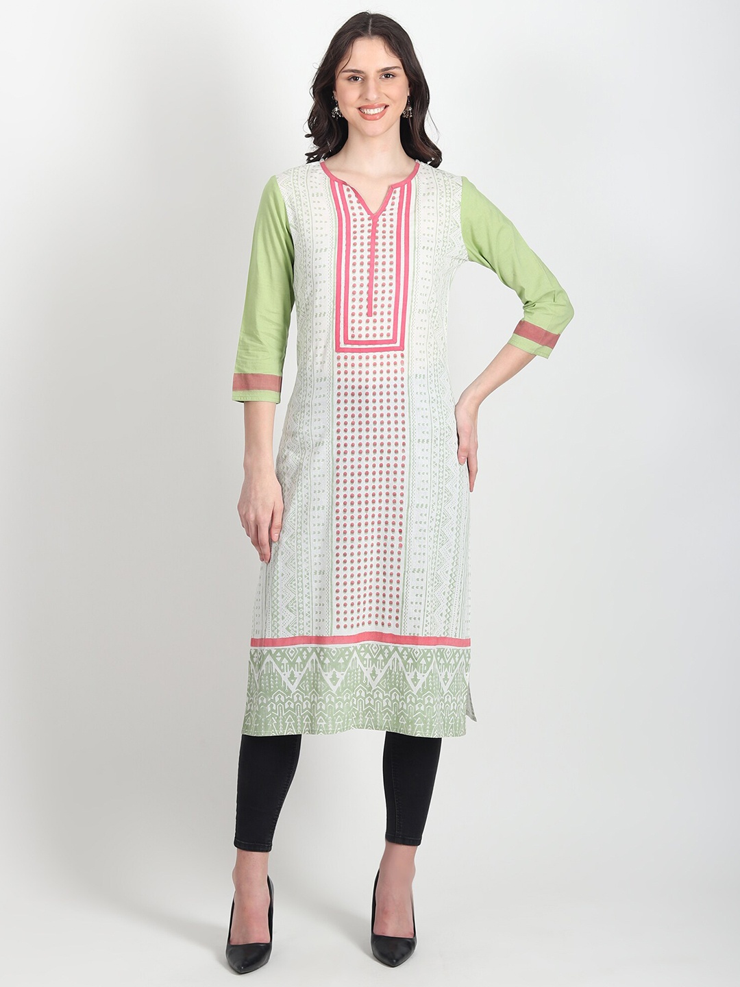 

Art Avenue Geometric Printed Cotton Straight Kurta, Green