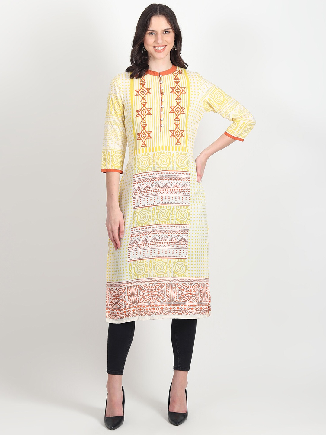 

Art Avenue Ethnic Motifs Printed Mandarin Collar Pure Cotton Straight Kurta, Orange
