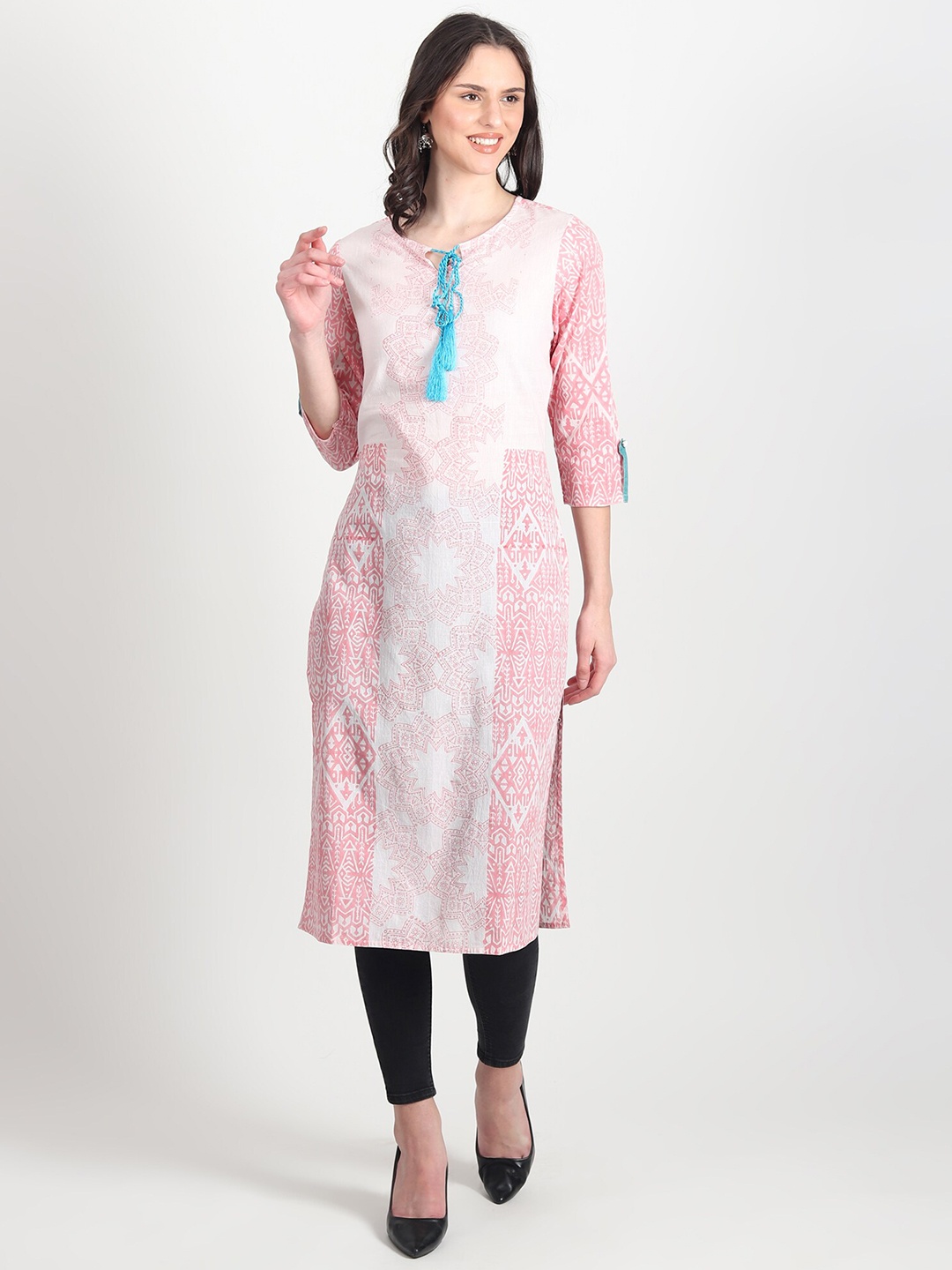 

Art Avenue Ethnic Motifs Printed Tie-Up Neck Pure Cotton Straight Kurta, Pink