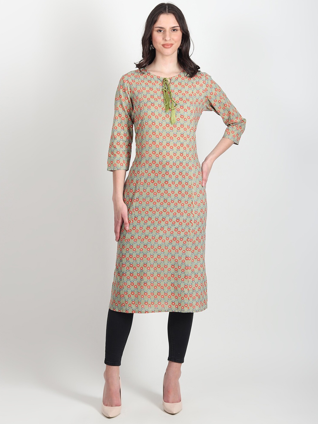 

Art Avenue Floral Printed Tie-Up Neck Pure Cotton Straight Kurta, Green