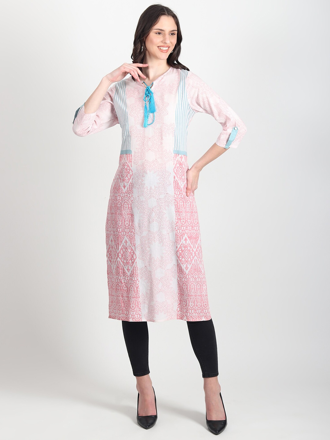 

Art Avenue Ethnic Motifs Block Printed Tie-Up Neck Cotton Straight Kurta, Pink
