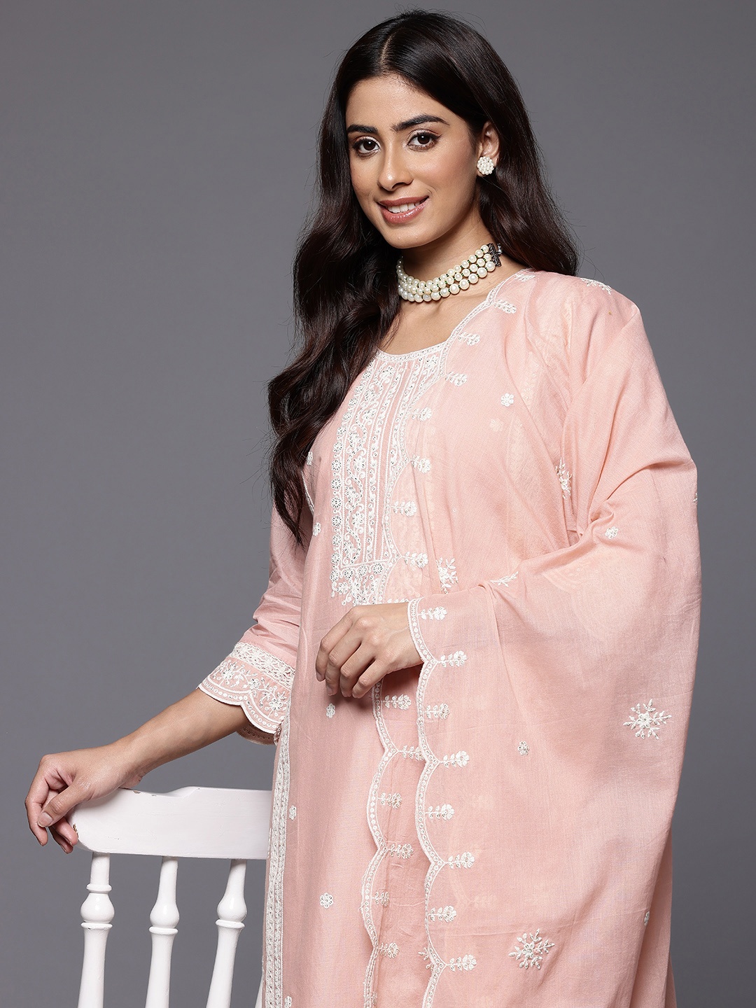 

Varanga Women Embroidered Pure Cotton Kurta with Trousers & Dupatta, Peach