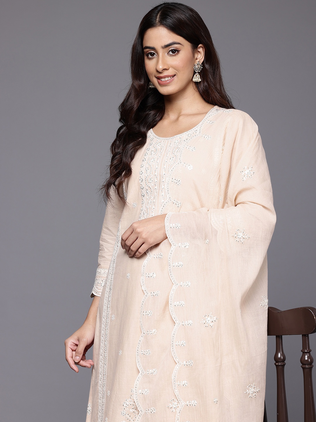 

Varanga Women Embroidered Pure Cotton Kurta with Trousers & Dupatta, Cream