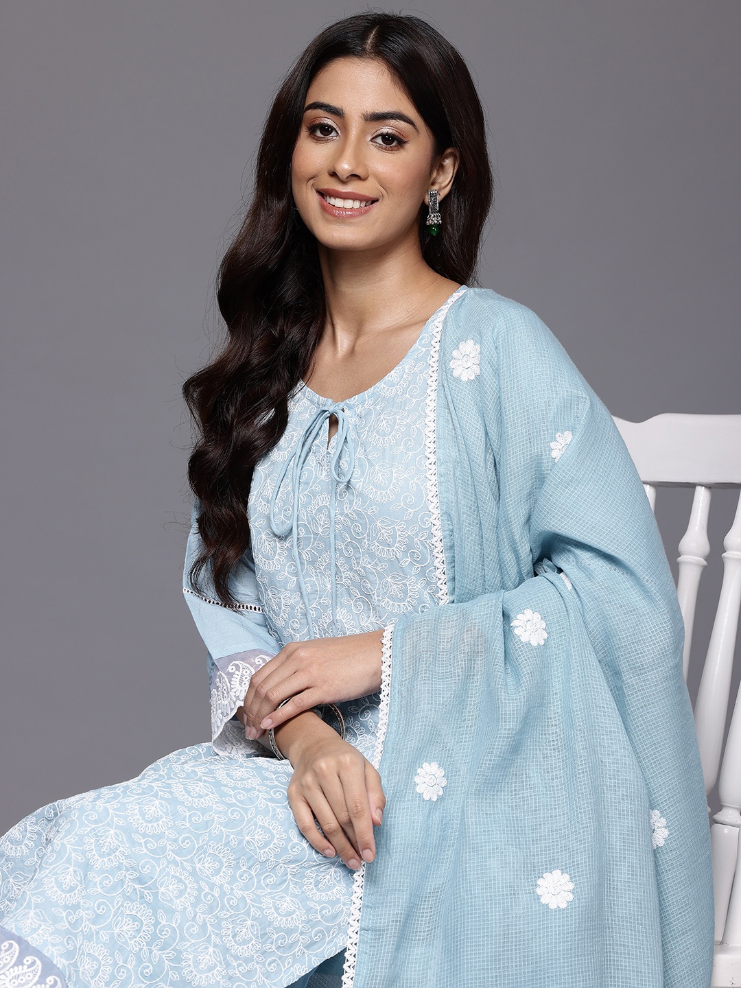 

Varanga Women Floral Embroidered Chikankari Pure Cotton Kurta with Trousers & Dupatta, Blue