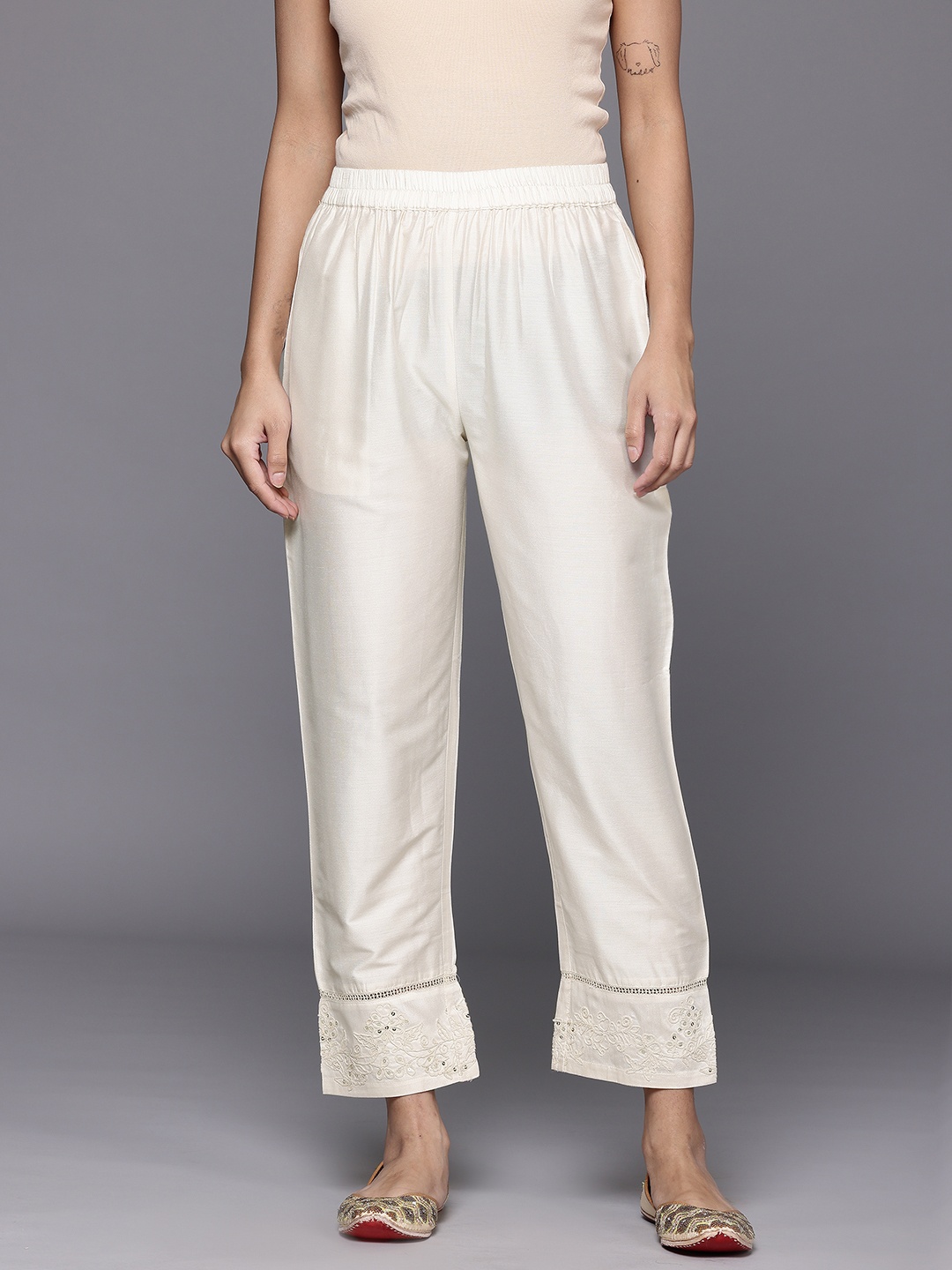 

Varanga Women Embroidered Trousers, Off white