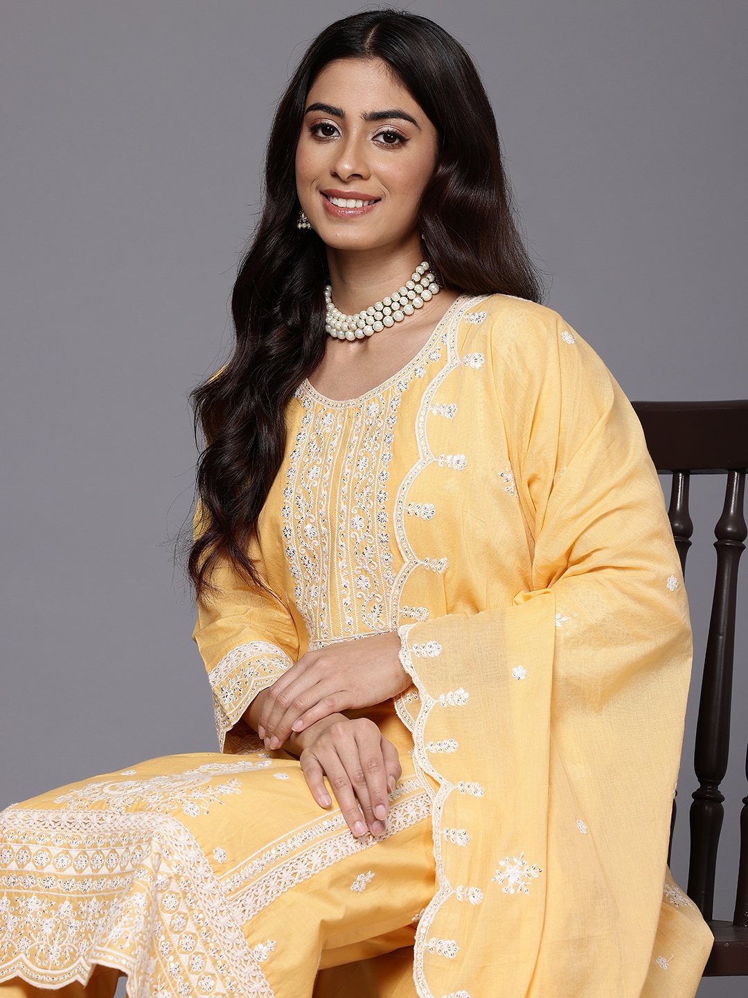 

Varanga Women Embroidered Sequinned Pure Cotton Kurta with Trousers & Dupatta, Yellow