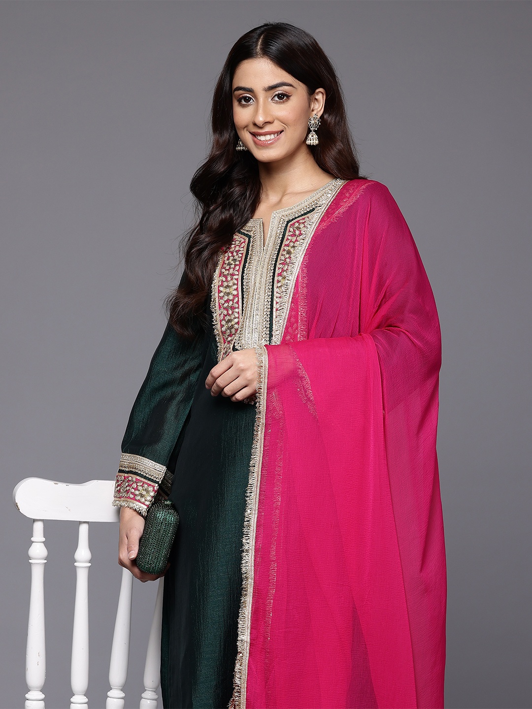 

Varanga Women Yoke Design Gotta Patti Kurta with Trousers & Dupatta, Green