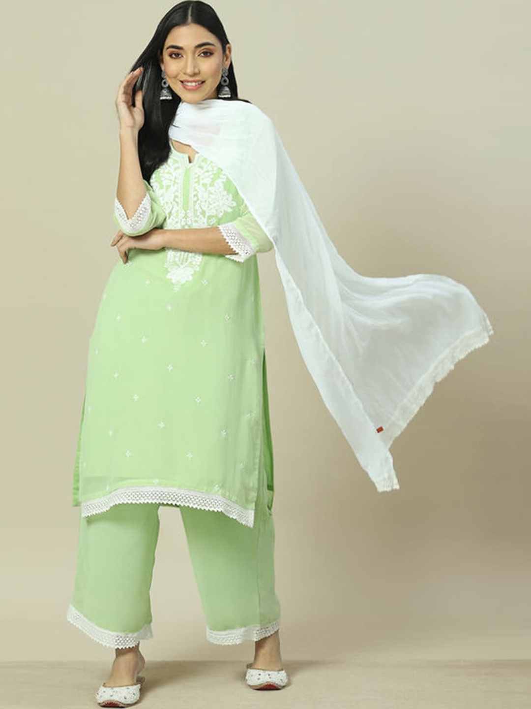

Rangriti Plus Size Floral Yoke Design Notch Neck Gotta Patti Straight Kurta, Green