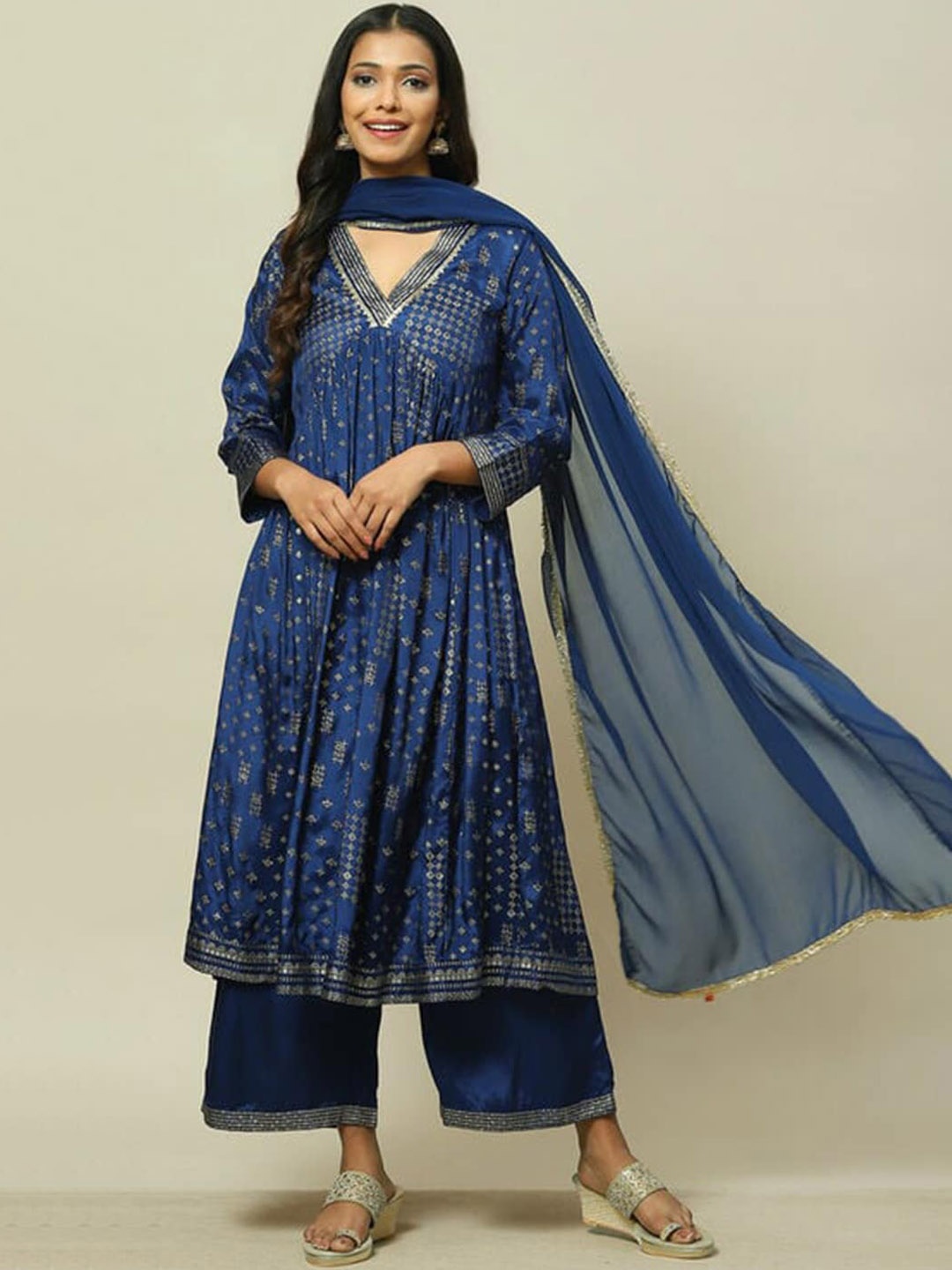 

Rangriti Floral Printed Empire A-Line Kurta with Palazzos & Dupatta, Blue