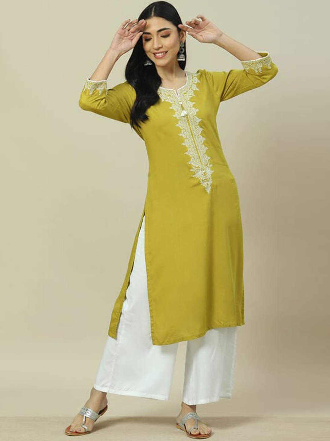 

Rangriti Ethnic Motifs Yoke Design Thread Work Straight Kurta, Lime green