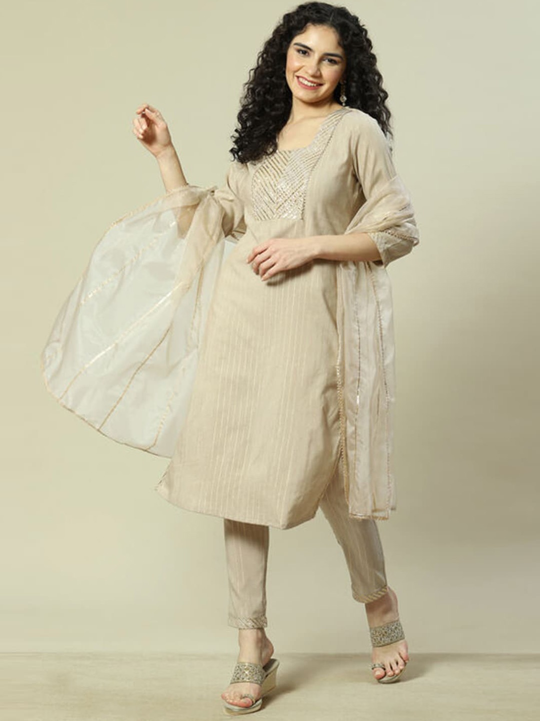 

Rangriti Striped Thread Work Kurta with Palazzos & With Dupatta, Beige