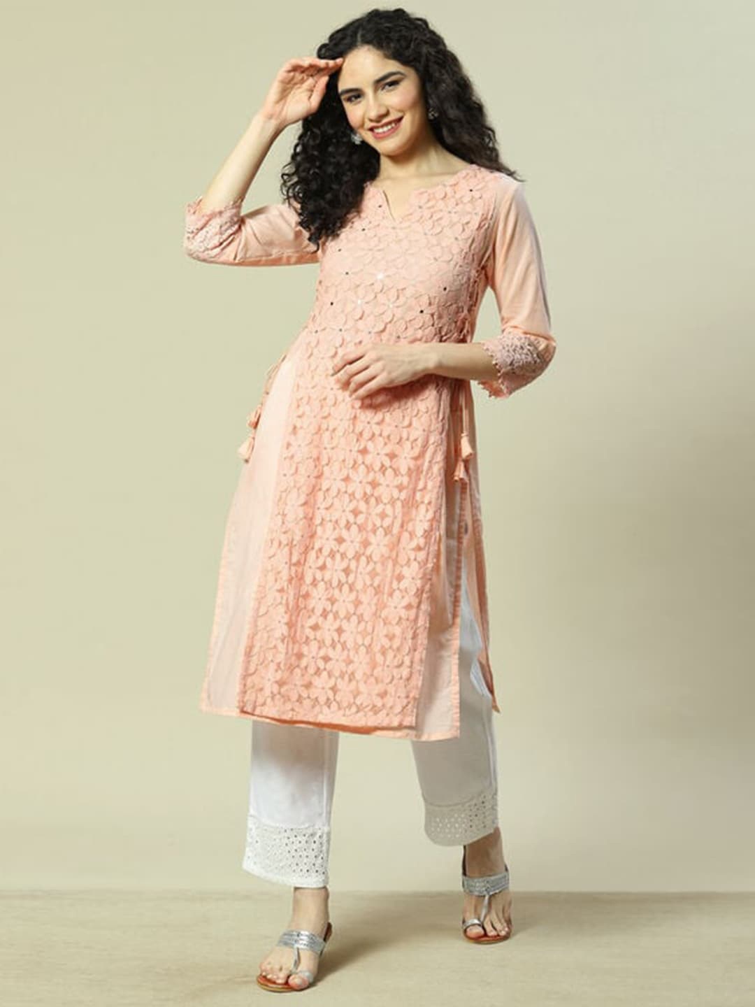 

Rangriti Floral Embroidered Notch Neck Sequined Cotton Layered A-Line Kurta, Peach