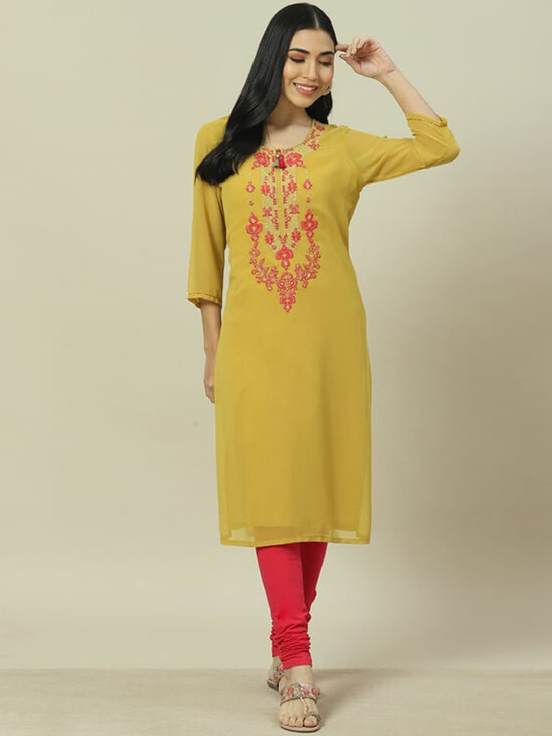 

Rangriti Floral Embroidered Yoke Design Thread Work Straight Kurta, Lime green