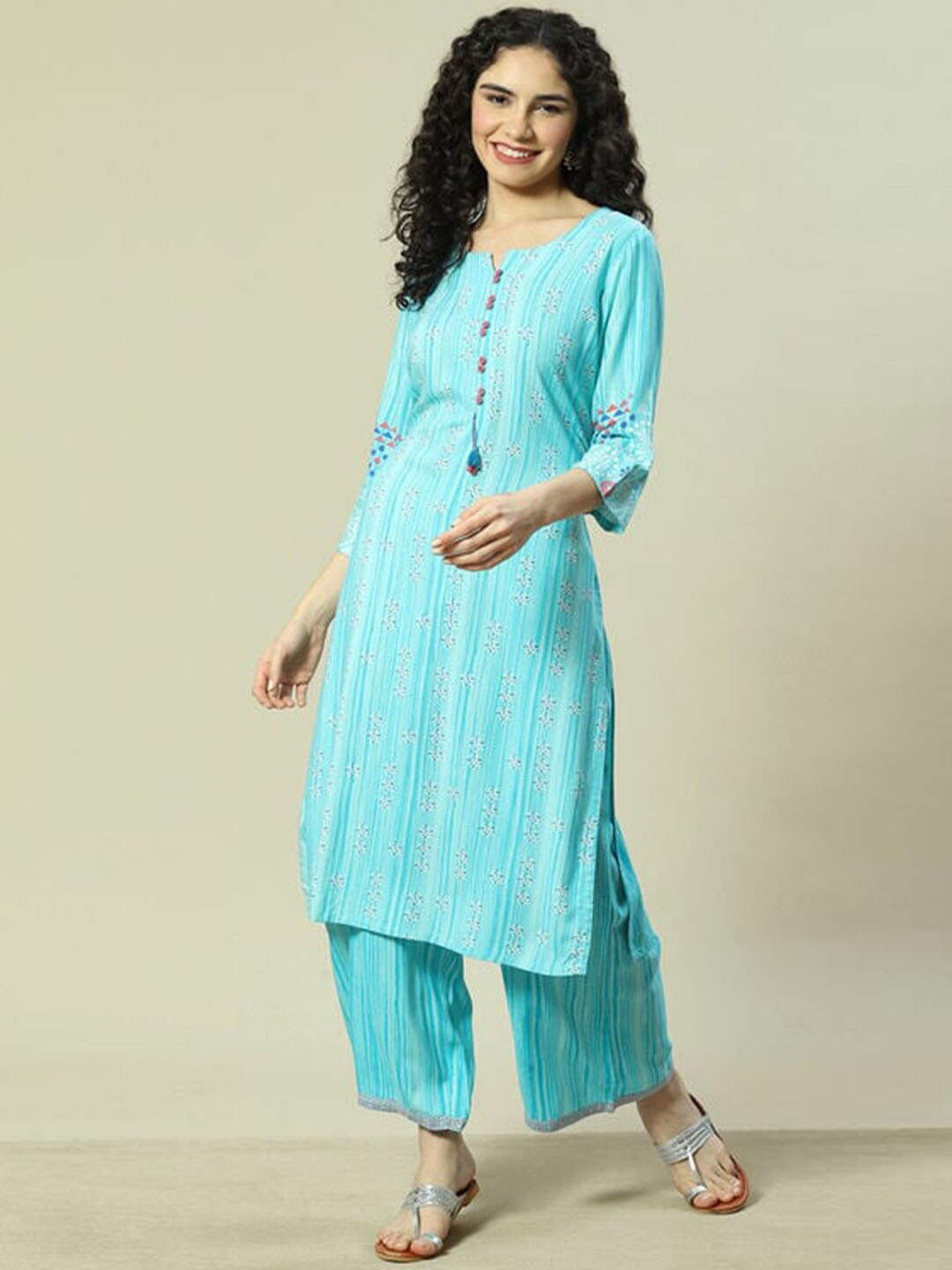 

Rangriti Ethnic Motifs Printed Regular Kurta with Palazzos, Turquoise blue