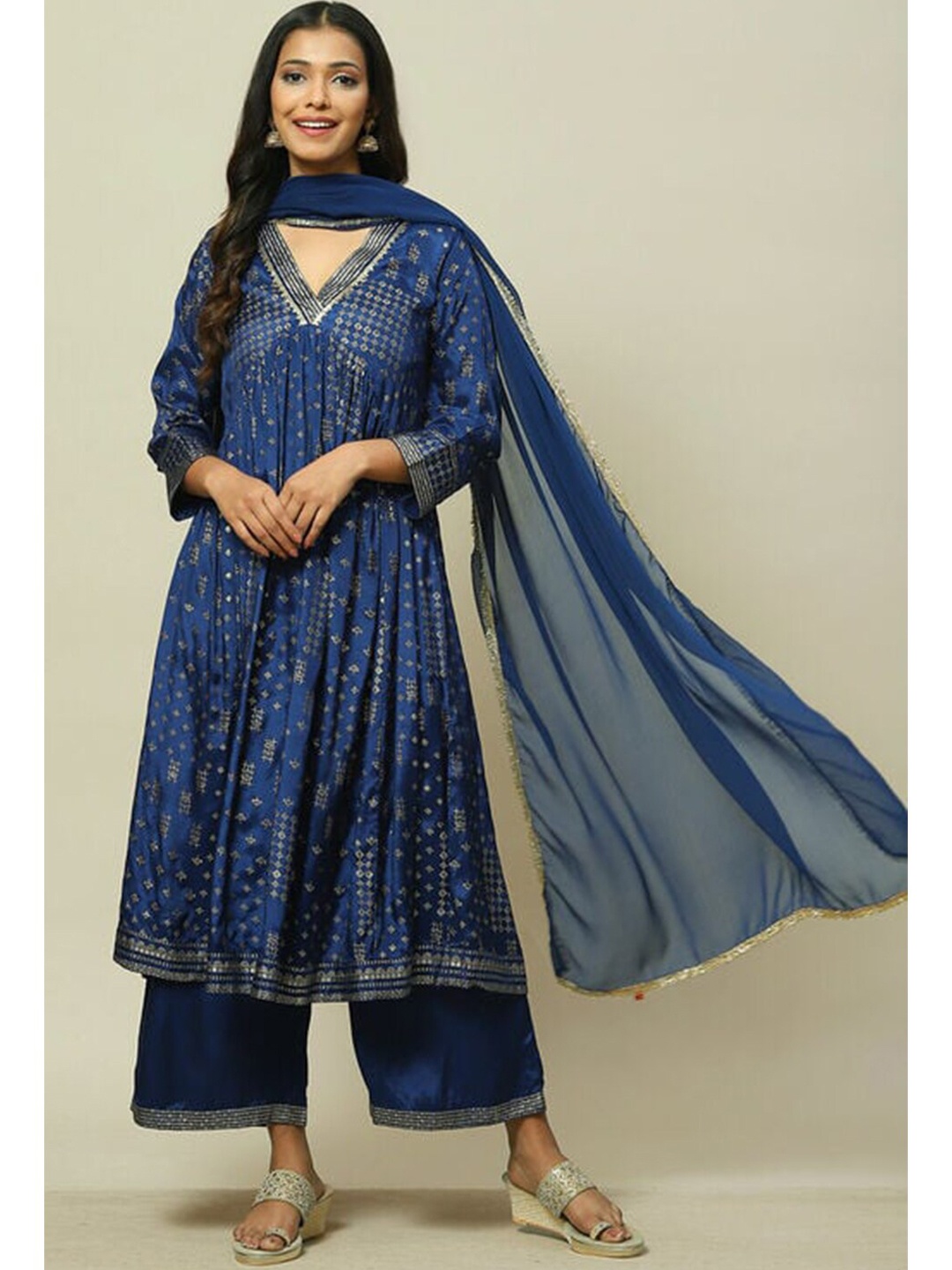 

Rangriti Floral Printed Empire A-Line Kurta with Palazzos & Dupatta, Blue