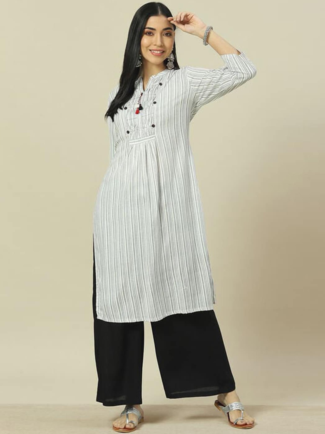 

Rangriti Striped Yoke Design Mandarin collar Pleated Straight Kurta, White