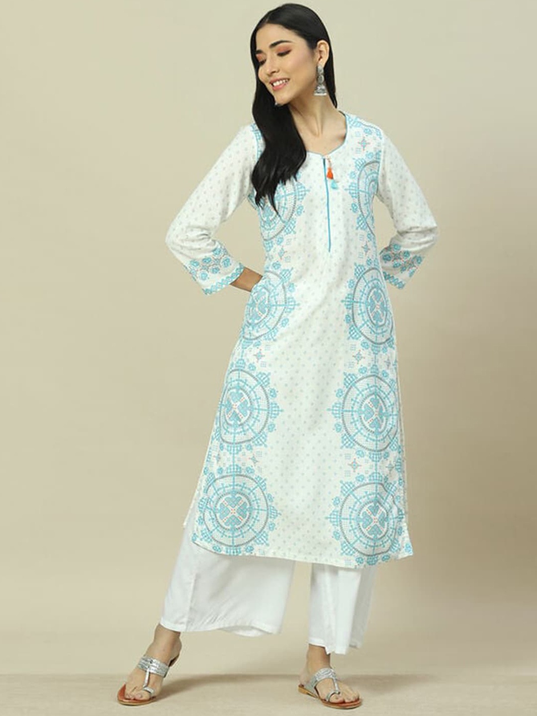 

Rangriti Ethnic Motifs Printed Round Neck Straight Kurta, White