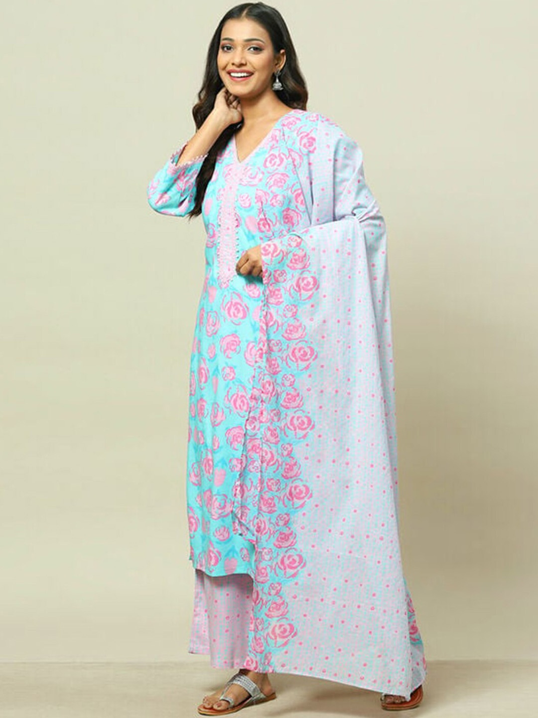 

Rangriti Floral Printed Regular Straight Kurta with Palazzos & Dupatta, Blue