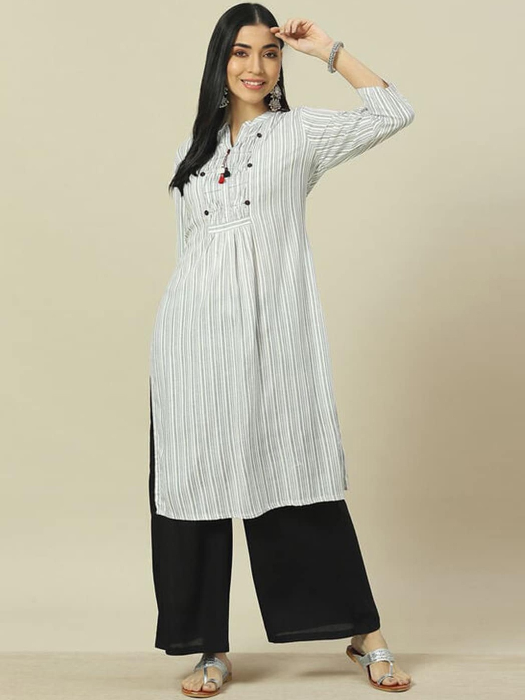 

Rangriti Striped Notch Neck Pleated A-Line Kurta, White