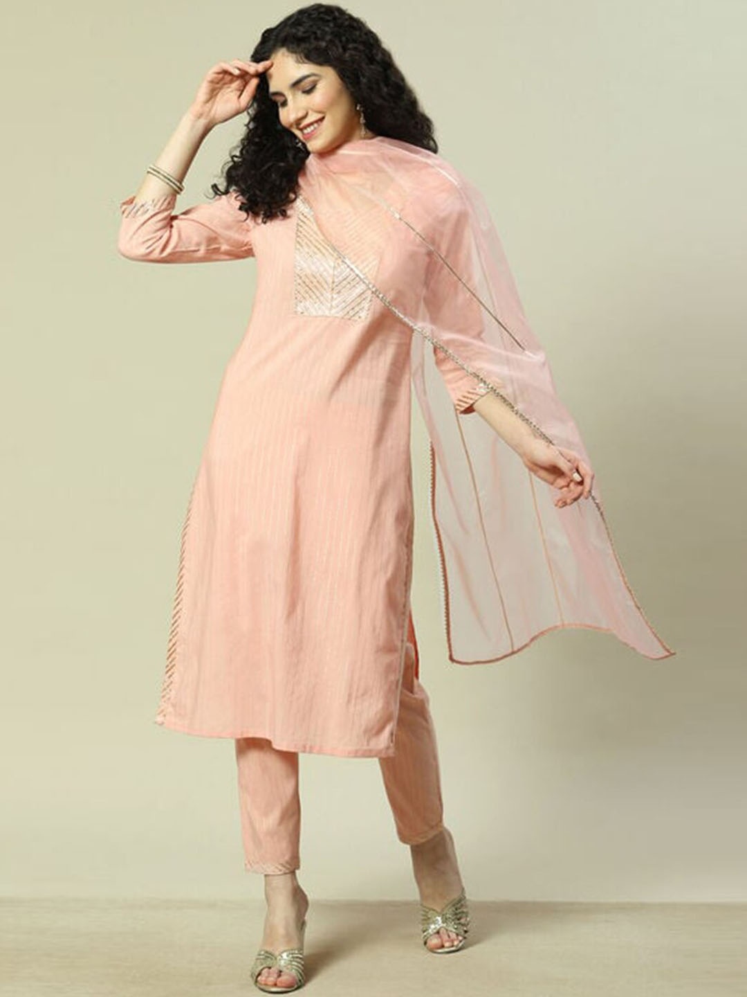 

Rangriti Striped Yoke Design Regular Gotta Patti Kurta with Trousers & Dupatta, Peach