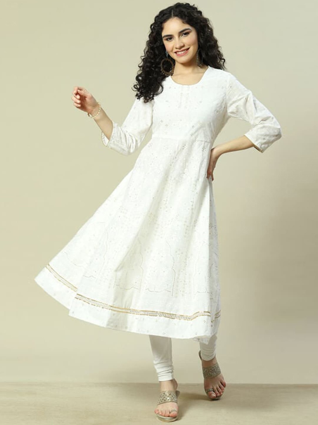 

Rangriti Floral Woven Design Round Neck Cotton Anarkali Kurtas, White