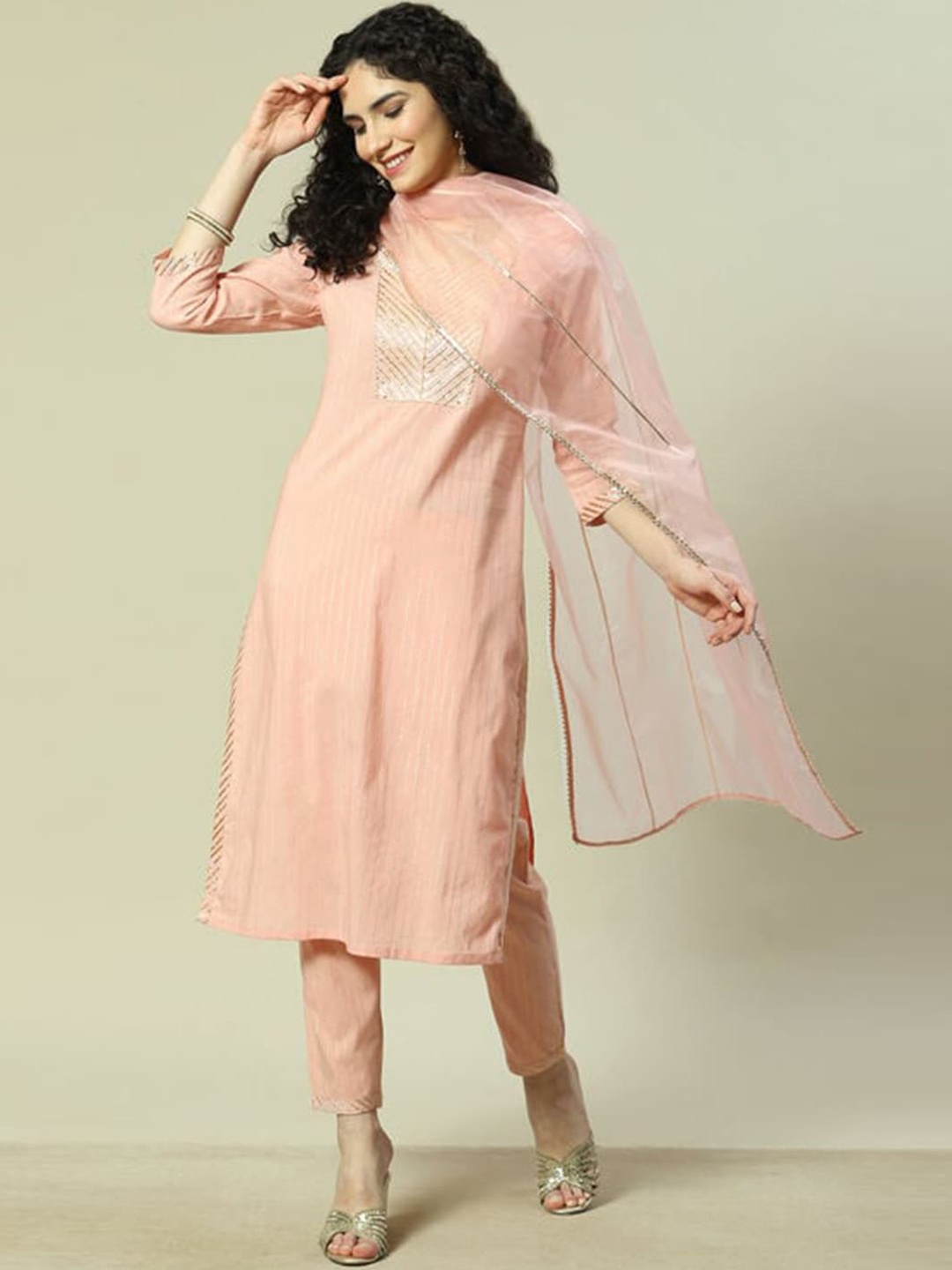 

Rangriti Striped Thread Work Kurta with Palazzos & With Dupatta, Peach