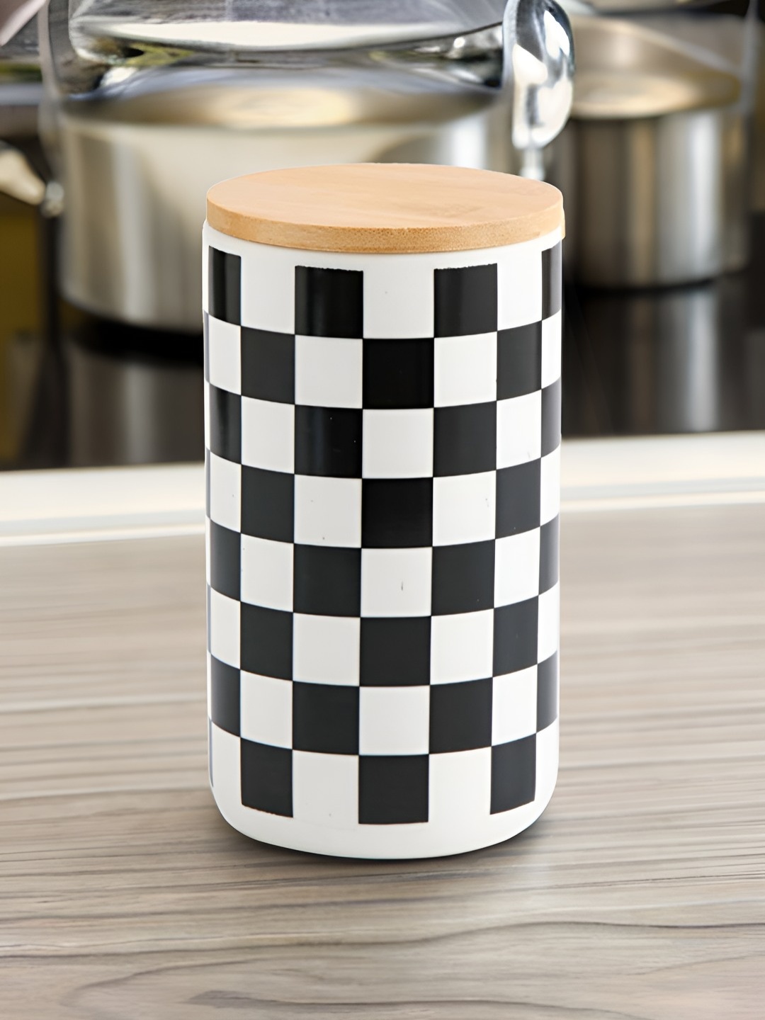 

USHA SHRIRAM Black & White Ceramic Jar with Bamboo Lid - 1 ltr