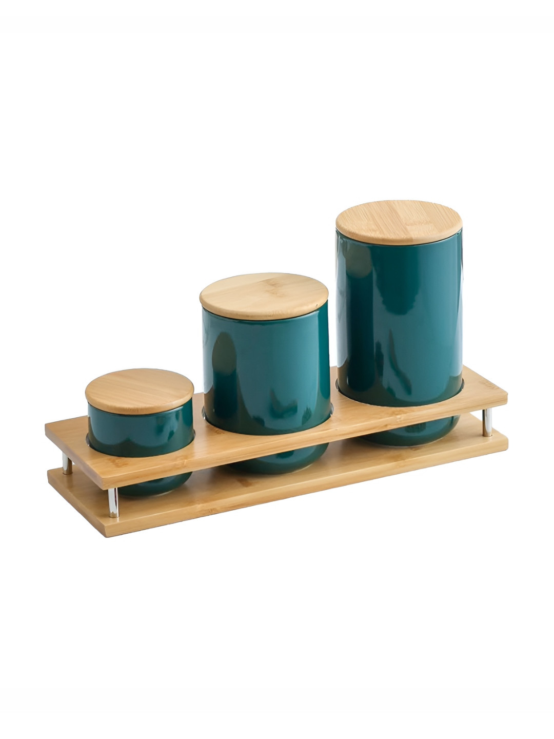 

USHA SHRIRAM 3 Pieces Green Ceramic Jars with Bamboo Lid & Stand