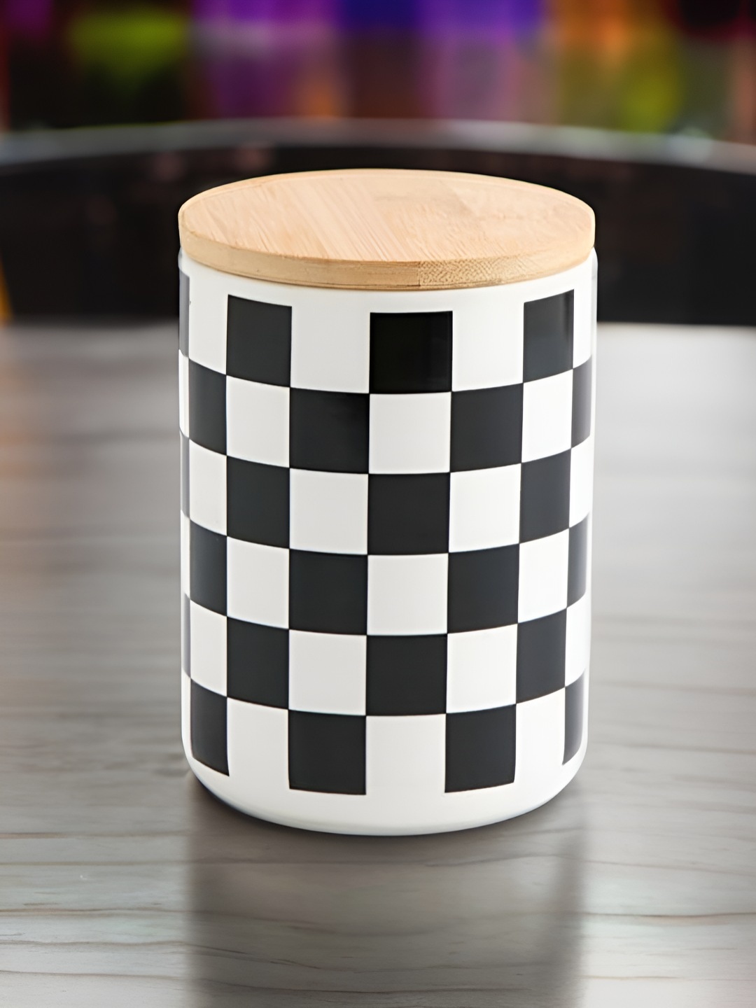 

USHA SHRIRAM Black & White Ceramic Jar with Bamboo Lid 800ml