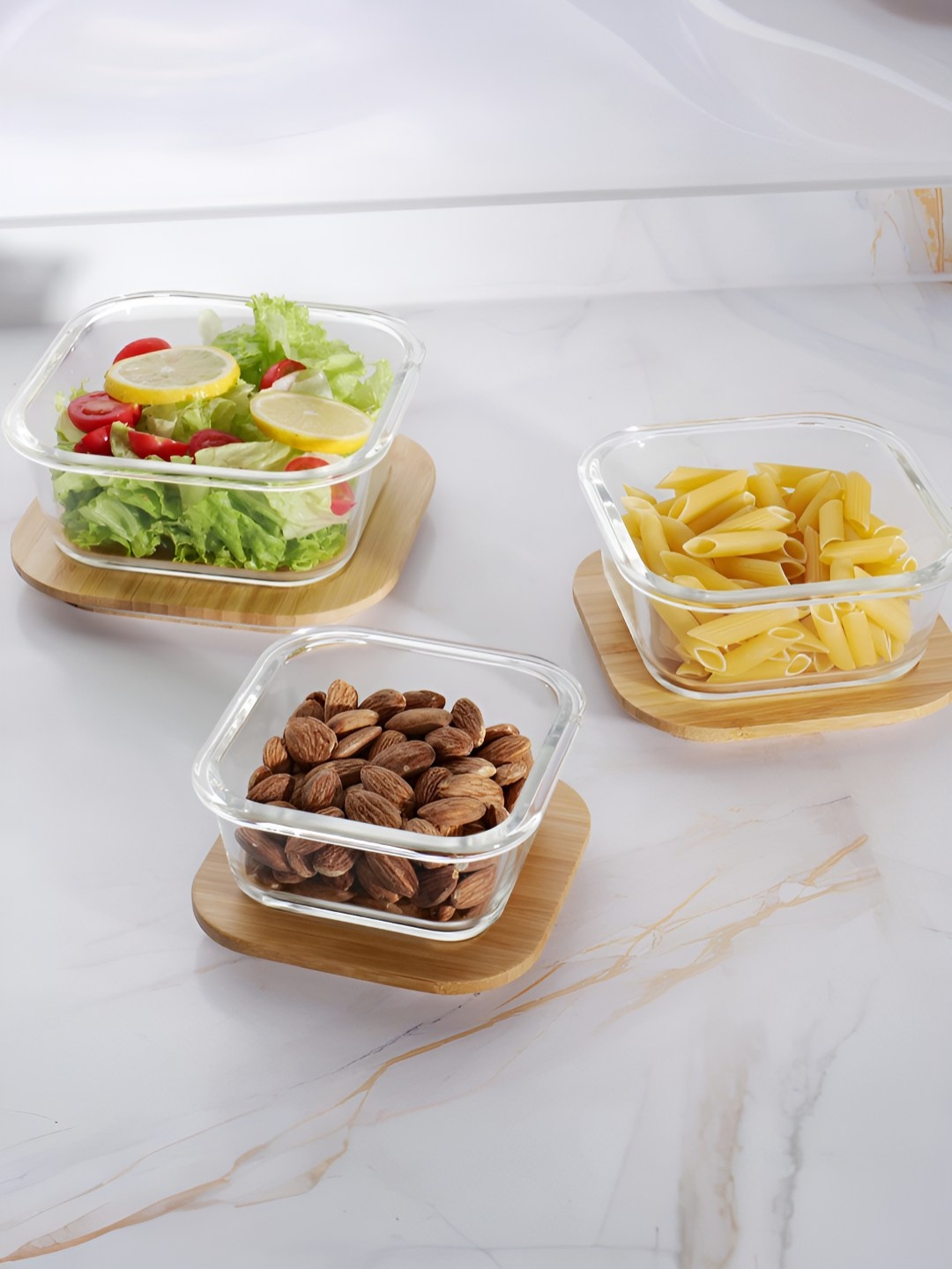 

USHA SHRIRAM Transparent & Brown 3 Pieces Microwave Safe Fridge Container With Bamboo Lids