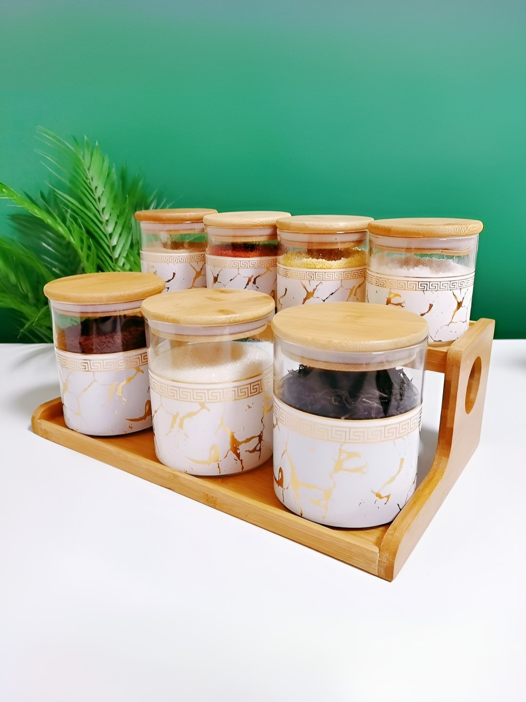 

USHA SHRIRAM White & Brown 7 Pieces Microwave Safe Jars With Bamboo Lids & Tray