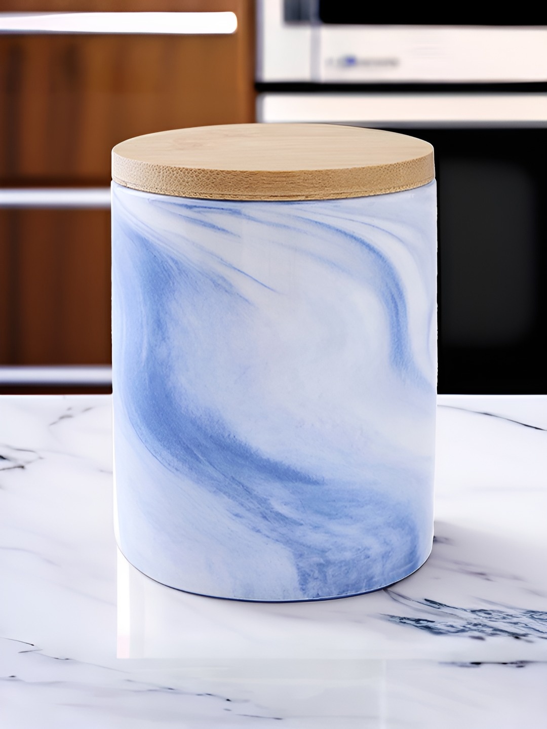 

USHA SHRIRAM Blue Ceramic Jar with Bamboo Lid - 400 ml