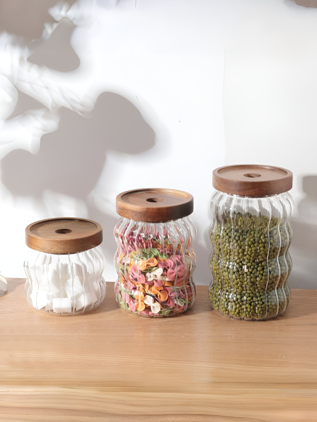

USHA SHRIRAM Transparent & Brown 3 Pieces Dishwasher Safe Jars with Bamboo Lids